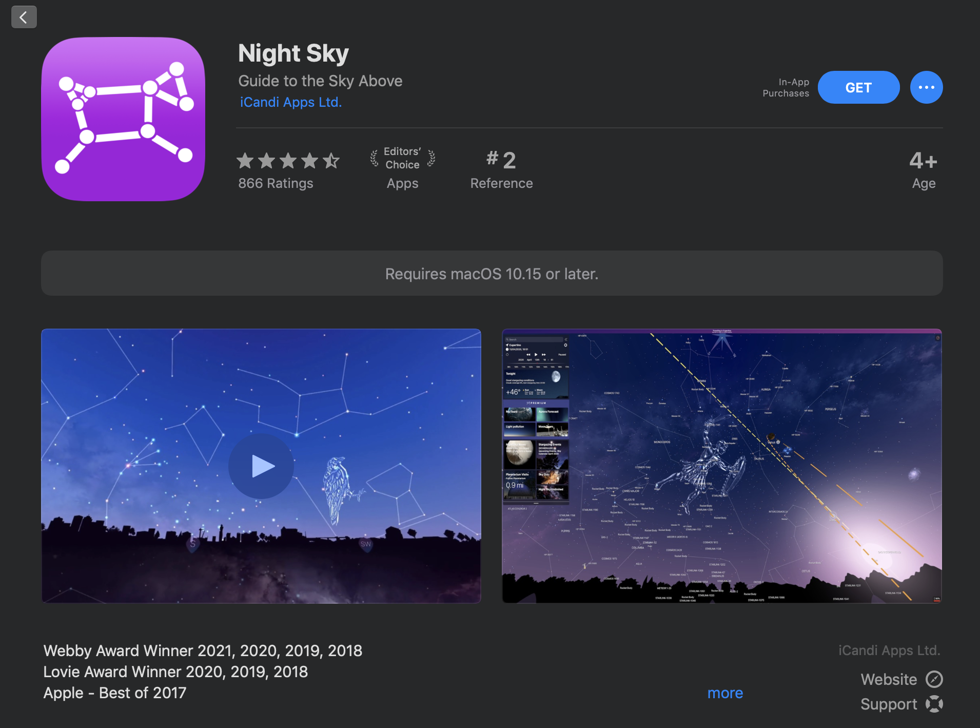 Popular app Night Sky cements its good reputation by listing its Lovie win right in the App Store.