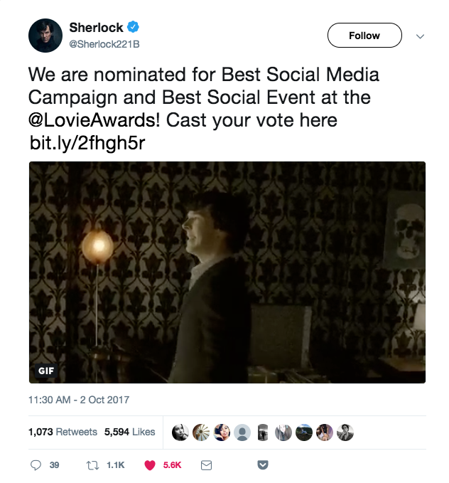 Sherlock celebrated 2 entries becoming Lovie Finalists with a fun GIF