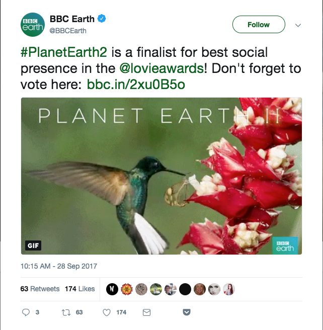 BBC Earth tweeted to rally votes for work in Social